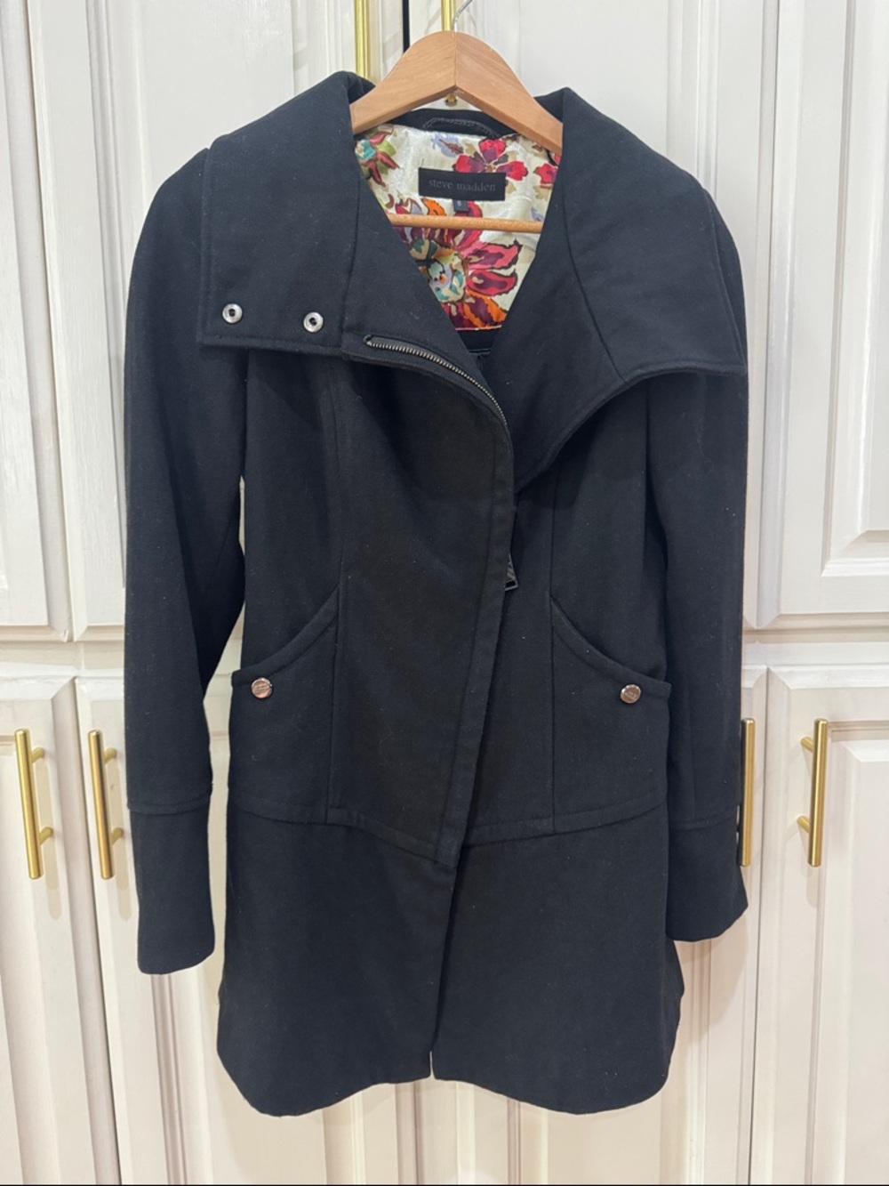 Steve Madden Black Women's Asymmetric Trench Coat with Floral Lining